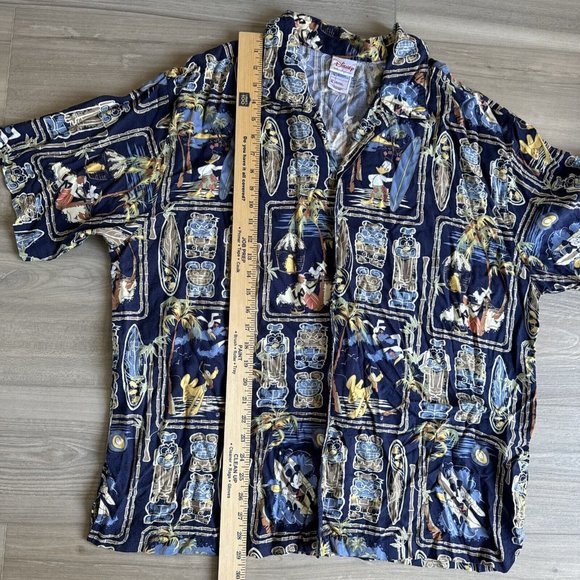 Disney Store Mens Tiki Mickey Donald Surfing Blue Hawaiian Shirt Size XL Aloha - Picture 6 of 9